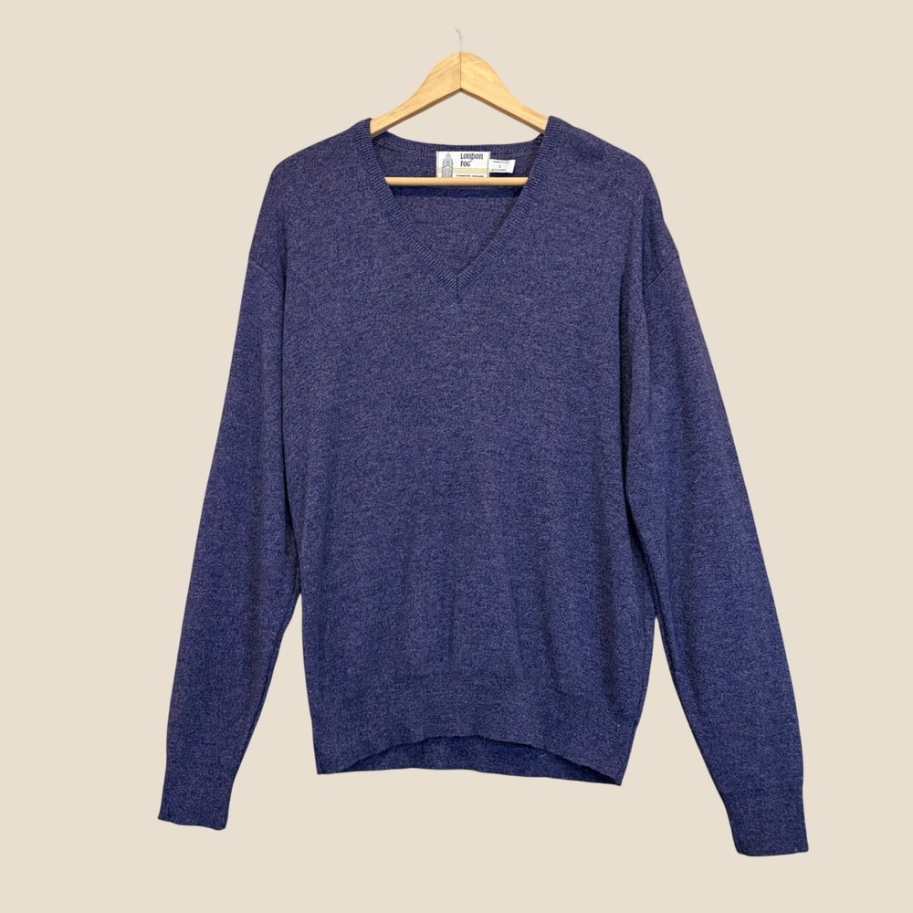 London Fog V-Neck Sweater Mens Large Purple Heathered Knit Vintage USA Made